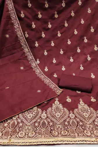Women's wine heavy thread zari embrodiery jalpari cotton dress material