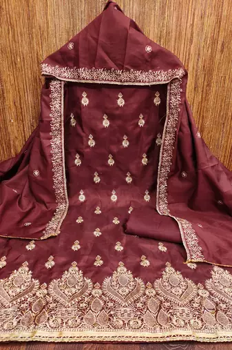Women's wine heavy thread zari embrodiery jalpari cotton dress material