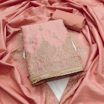 Women's peach heavy thread zari embrodiery jalpari cotton dress material 1