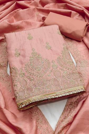 Women's peach unstitched heavy thread zari embrodiery jalpari cotton dress material 