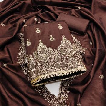 Women's brown heavy thread zari embrodiery jalpari cotton dress material 1