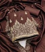 Women's brown heavy thread zari embrodiery jalpari cotton dress material