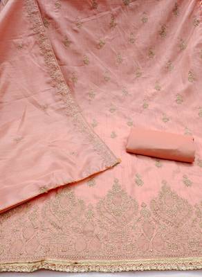 Women's peach heavy thread zari embrodiery jalpari cotton dress material 2