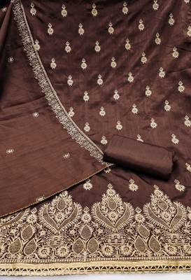 Women's brown heavy thread zari embrodiery jalpari cotton dress material 2