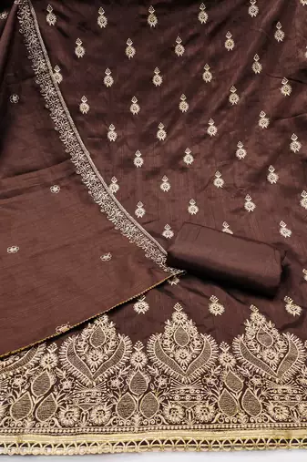 Women's brown heavy thread zari embrodiery jalpari cotton dress material