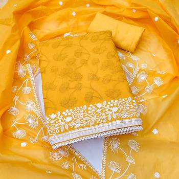 Women's yellow heavy thread embrodiery chanderi silk dress material 1