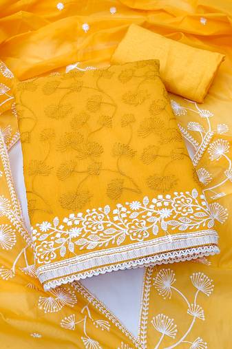 Women's yellow unstitched heavy thread embrodiery chanderi silk dress material 