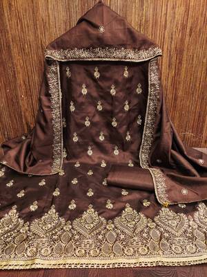 Women's brown heavy thread zari embrodiery jalpari cotton dress material 3