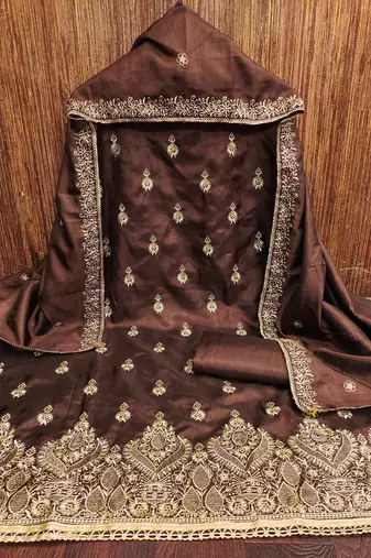 Women's brown heavy thread zari embrodiery jalpari cotton dress material