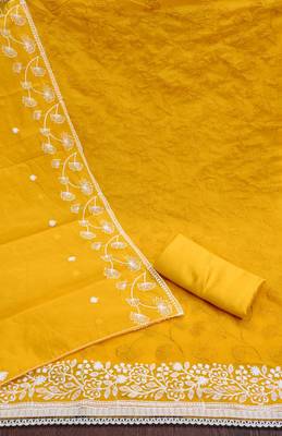 Women's yellow heavy thread embrodiery chanderi silk dress material 2