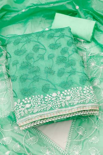 Women's sea green unstitched heavy thread embrodiery chanderi silk dress material 