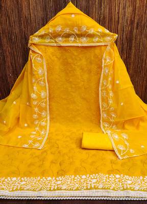 Women's yellow heavy thread embrodiery chanderi silk dress material 3