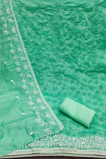 Women's sea green heavy thread embrodiery chanderi silk dress material