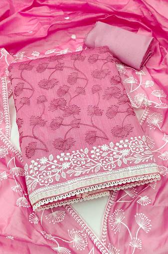 Women's pink unstitched heavy thread embrodiery chanderi silk dress material 