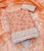 Women's peach unstitched heavy thread embrodiery chanderi silk dress material 