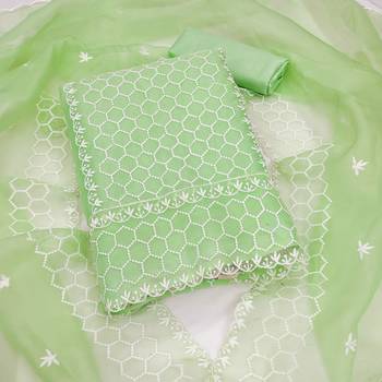 Women's green heavy thread embrodiery organza dress material 1