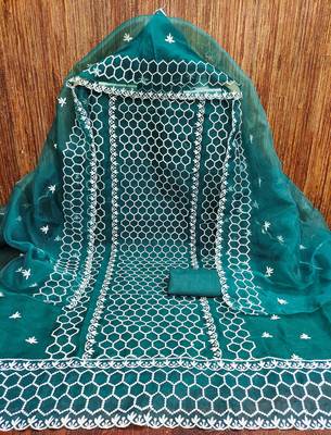 Women's teal blue heavy thread embrodiery organza dress material 3