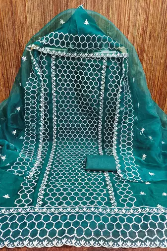 Women's teal blue heavy thread embrodiery organza dress material
