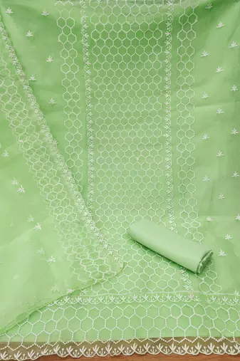 Women's green heavy thread embrodiery organza dress material