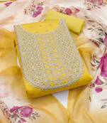 Women's yellow unstitched fancy weaving work with heavy neck embrodiery chanderi cotton dress material 