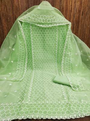 Women's green heavy thread embrodiery organza dress material 3