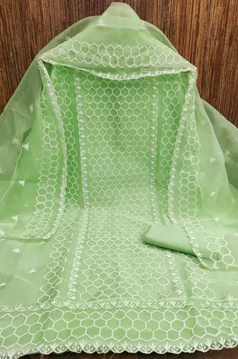 Women's green heavy thread embrodiery organza dress material