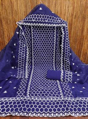 Women's blue heavy thread embrodiery organza dress material 3