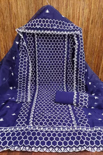Women's blue heavy thread embrodiery organza dress material