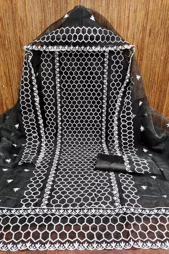 Women's black heavy thread embrodiery organza dress material