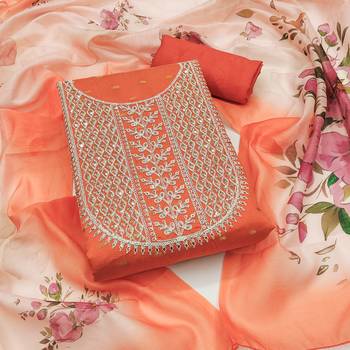 Women's orange fancy weaving work with heavy neck embrodiery chanderi cotton dress material 1