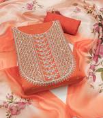 Women's orange fancy weaving work with heavy neck embrodiery chanderi cotton dress material