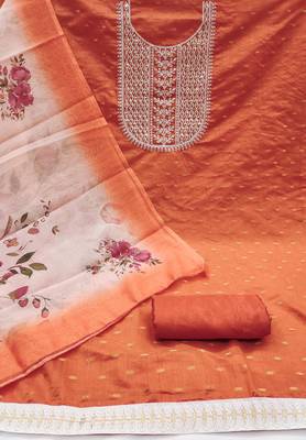 Women's orange fancy weaving work with heavy neck embrodiery chanderi cotton dress material 2