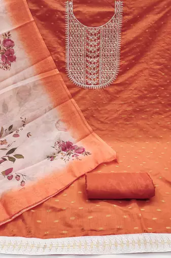 Women's orange fancy weaving work with heavy neck embrodiery chanderi cotton dress material