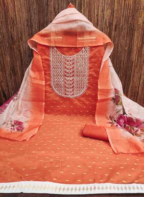 Women's orange fancy weaving work with heavy neck embrodiery chanderi cotton dress material 3