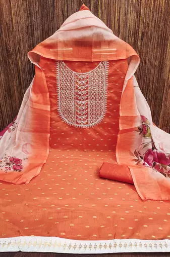 Women's orange fancy weaving work with heavy neck embrodiery chanderi cotton dress material