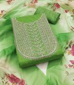 Women's green unstitched fancy weaving work with heavy neck embrodiery chanderi cotton dress material 