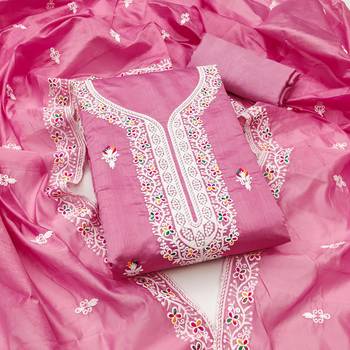 Women's pink designer multi thread embrodiered chanderi cotton dress material 1