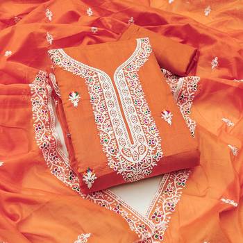 Women's orange designer multi thread embrodiered work dupatta material 1