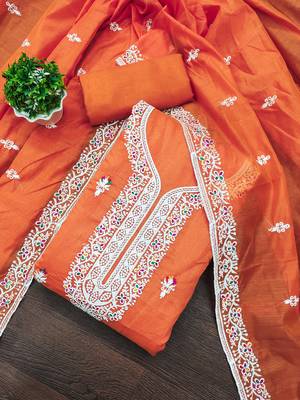 Women's orange designer multi thread embrodiered work dupatta material 2