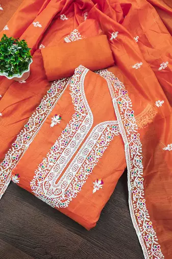 Women's orange designer multi thread embrodiered work dupatta material