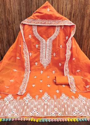 Women's orange designer multi thread embrodiered work dupatta material 3