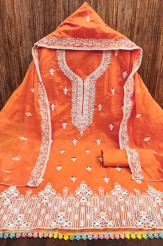 Women's orange designer multi thread embrodiered work dupatta material