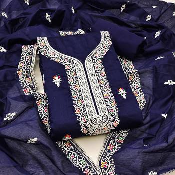 Women's navy blue multi thread embrodiered work cotton dress material 1