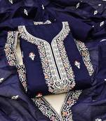 Women's navy blue unstitched multi thread embrodiered work cotton dress material 