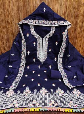 Women's navy blue multi thread embrodiered work cotton dress material 3