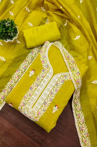 Women's light green multi thread embrodiered work cotton dress material
