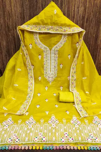Women's light green multi thread embrodiered work cotton dress material