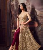 Beige embroidered net semi stitched anarkali pant suit