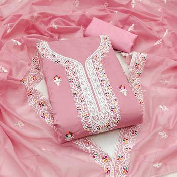 Women's baby pink multi thread embrodiered work cotton dress material 1