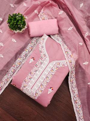 Women's baby pink multi thread embrodiered work cotton dress material 2